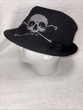 Virtis skull crossbones embroidered pinstripe Fedora Hat  men’s large